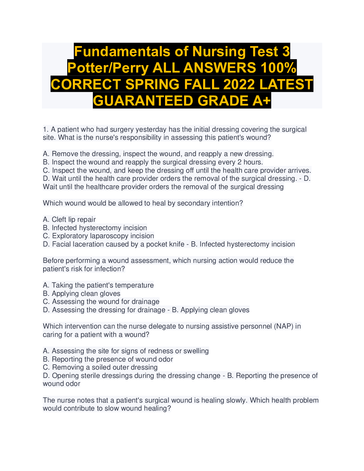 Fundamentals of Nursing Test 3 Potter/Perry ALL ANSWERS 100 CORRECT